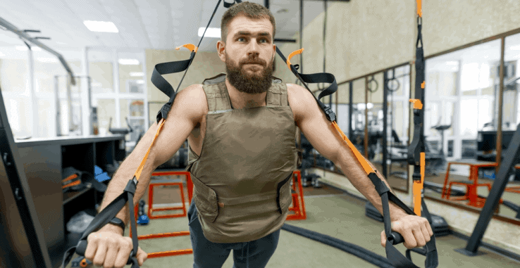 A man wearing a weight vest while using a TRX machine in the gym
