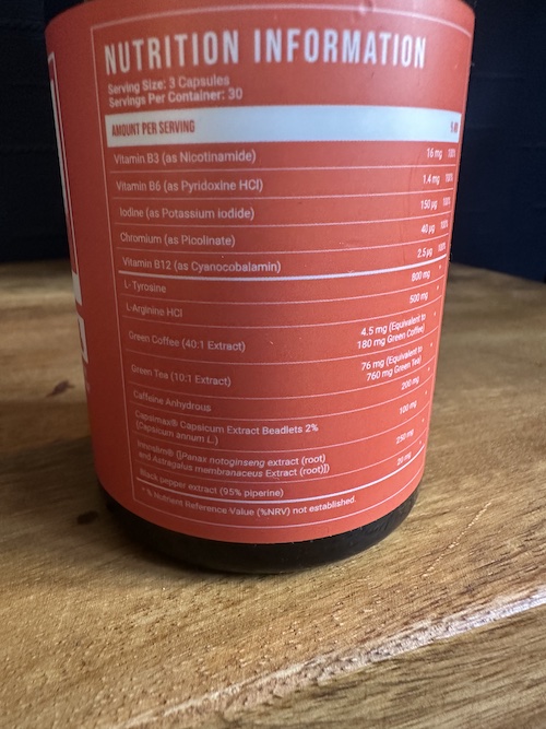 Capsiplex Burn Ingredients label on bottle