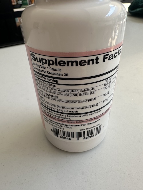Trimtone ingredients label on bottle